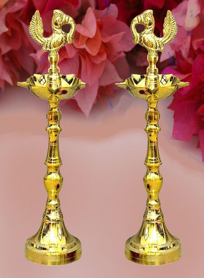 Denique Brass Nakshi Peacock Kerala Mahabharat Oil/Ghee Diya, Deepak, Lamp Design Long Diyas for Home, Pooja Room, Pancharti, Panchmukhi Diya for Puja, Decoration, Aarti,(21 C.M) Pack of (2) - Image 3